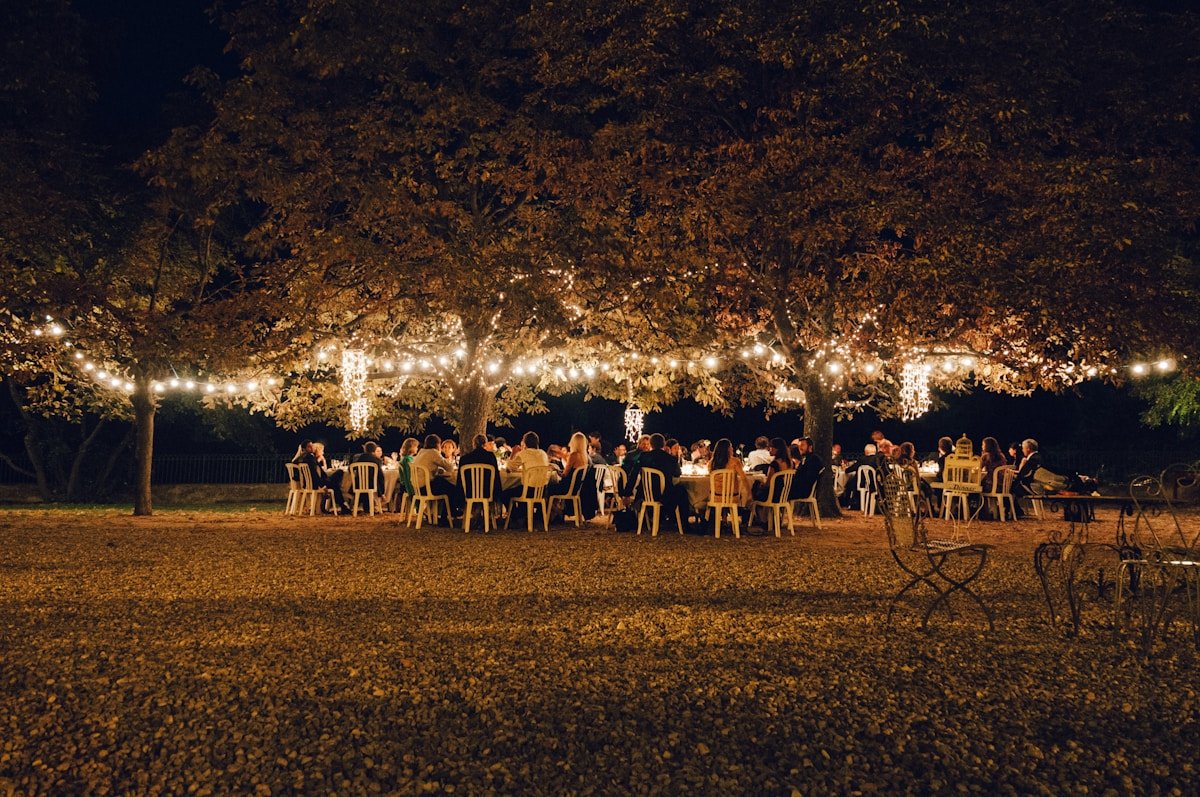 Market Bistro Lights Over Dining Area — Ultimate Party Rentals